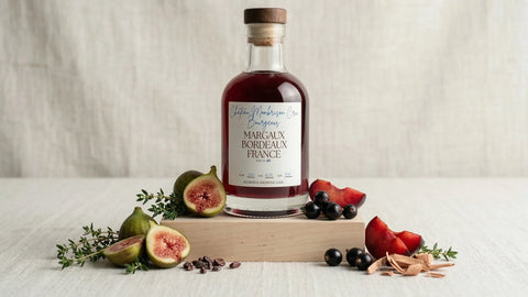 Margaux Bordeaux France wine bottle with figs, plums, berries, and herbs for flavour explorers